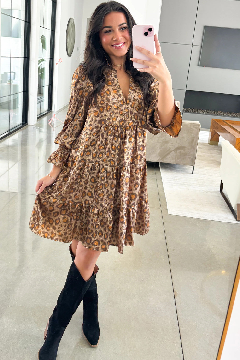 Khaki Leopard Print V Neck Ruffled Sleeve Tiered Loose Mini Dress