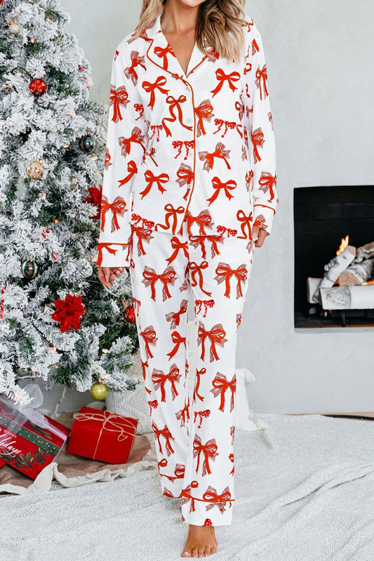 Red Christmas Bow Print Long 2pcs Pajama Set