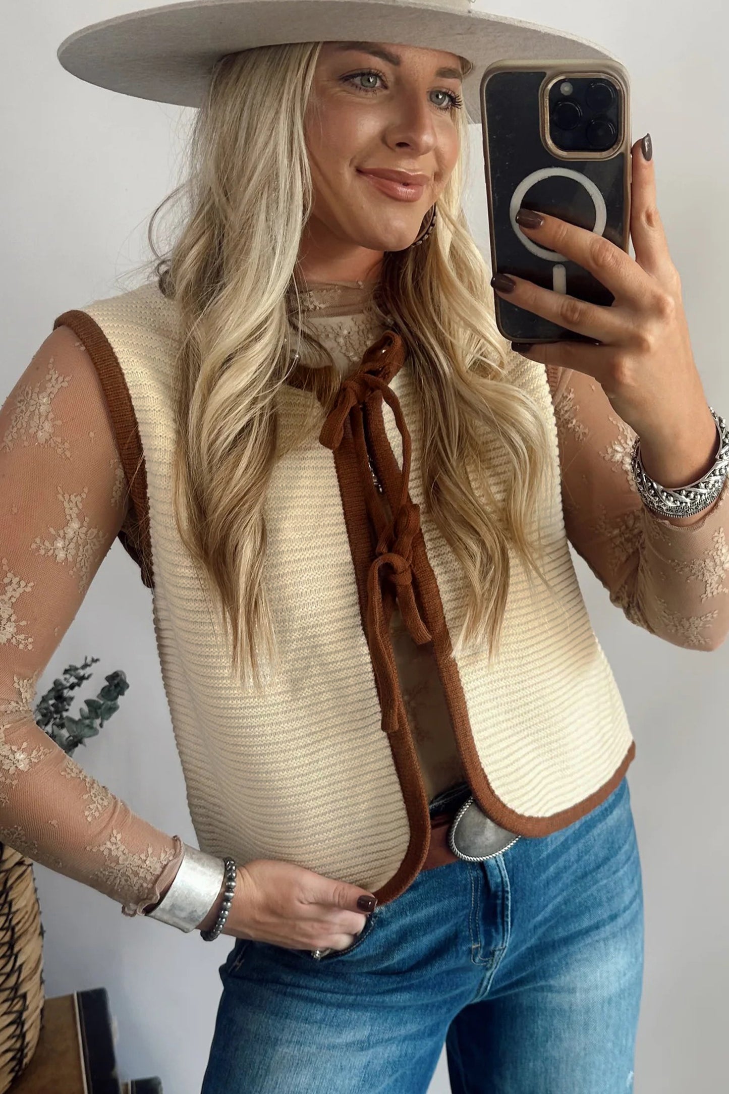 White Horizontal Ribbed Knit Contrast Trim Ties Front Sweater Vest