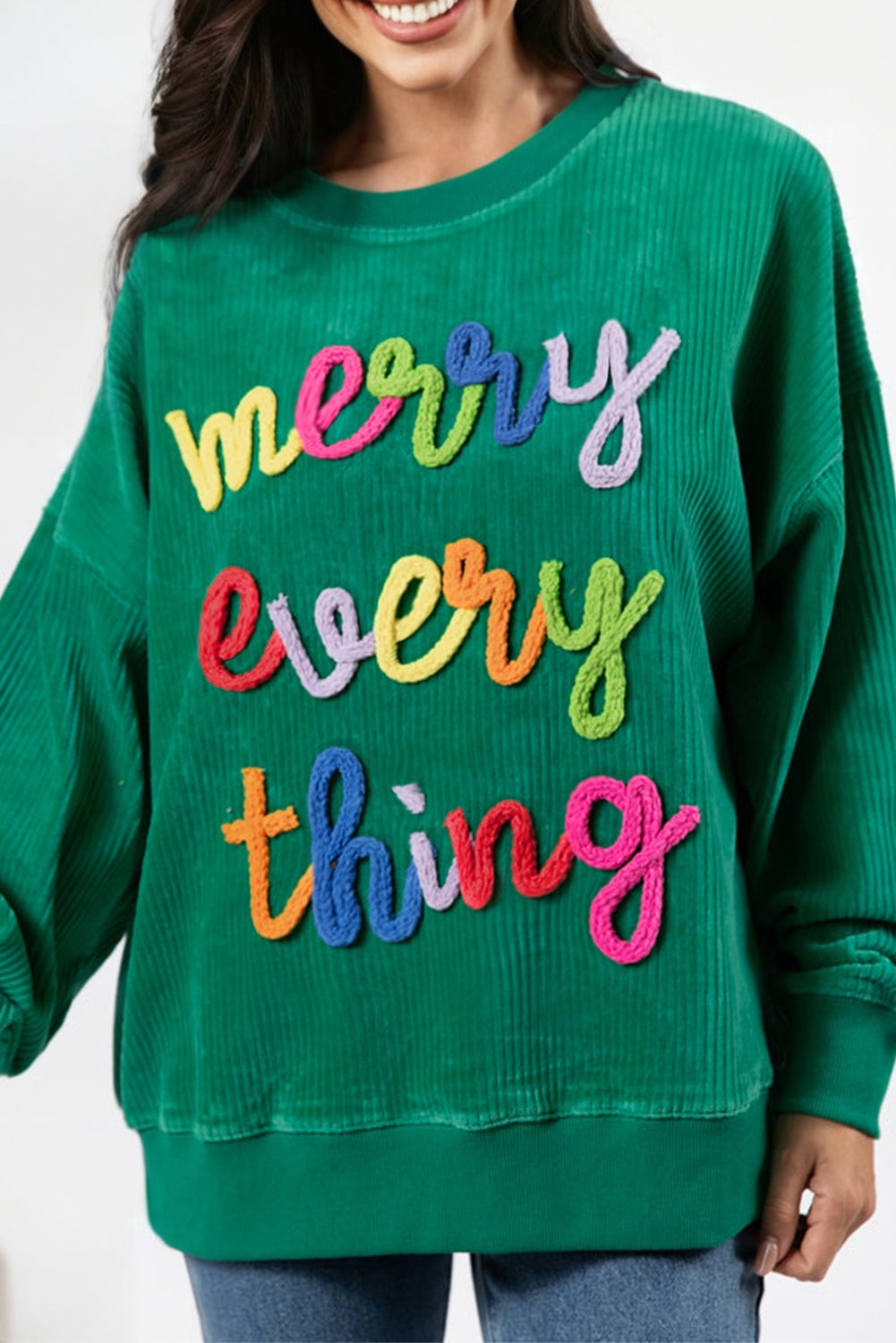 Dark Green merry little thing Corded Letter Graphic Ribbed Loose Sweatshirt