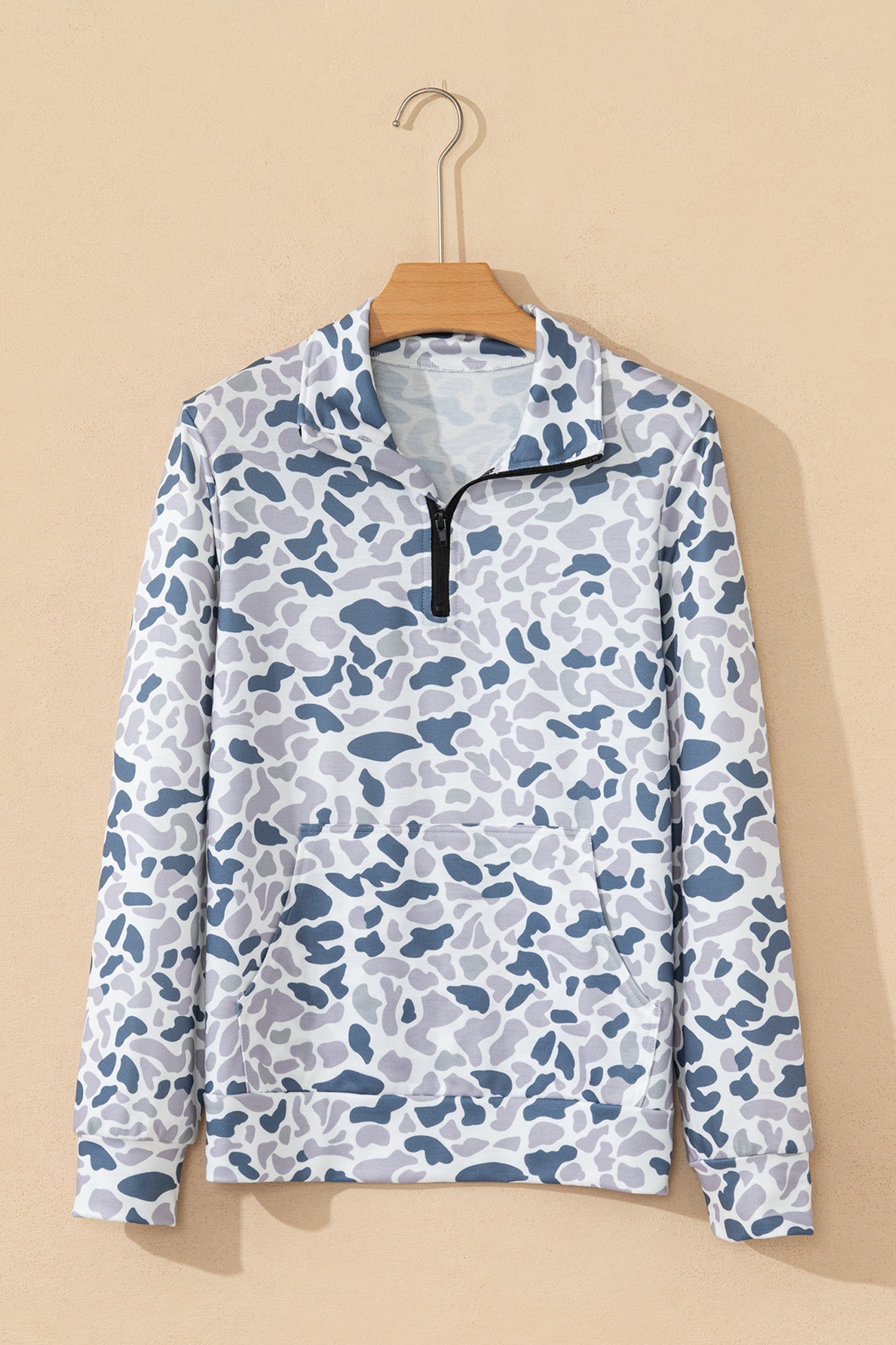 Multicolour Camouflage Print Kangaroo Pocket Zip Collar Pullover Sweatshirt