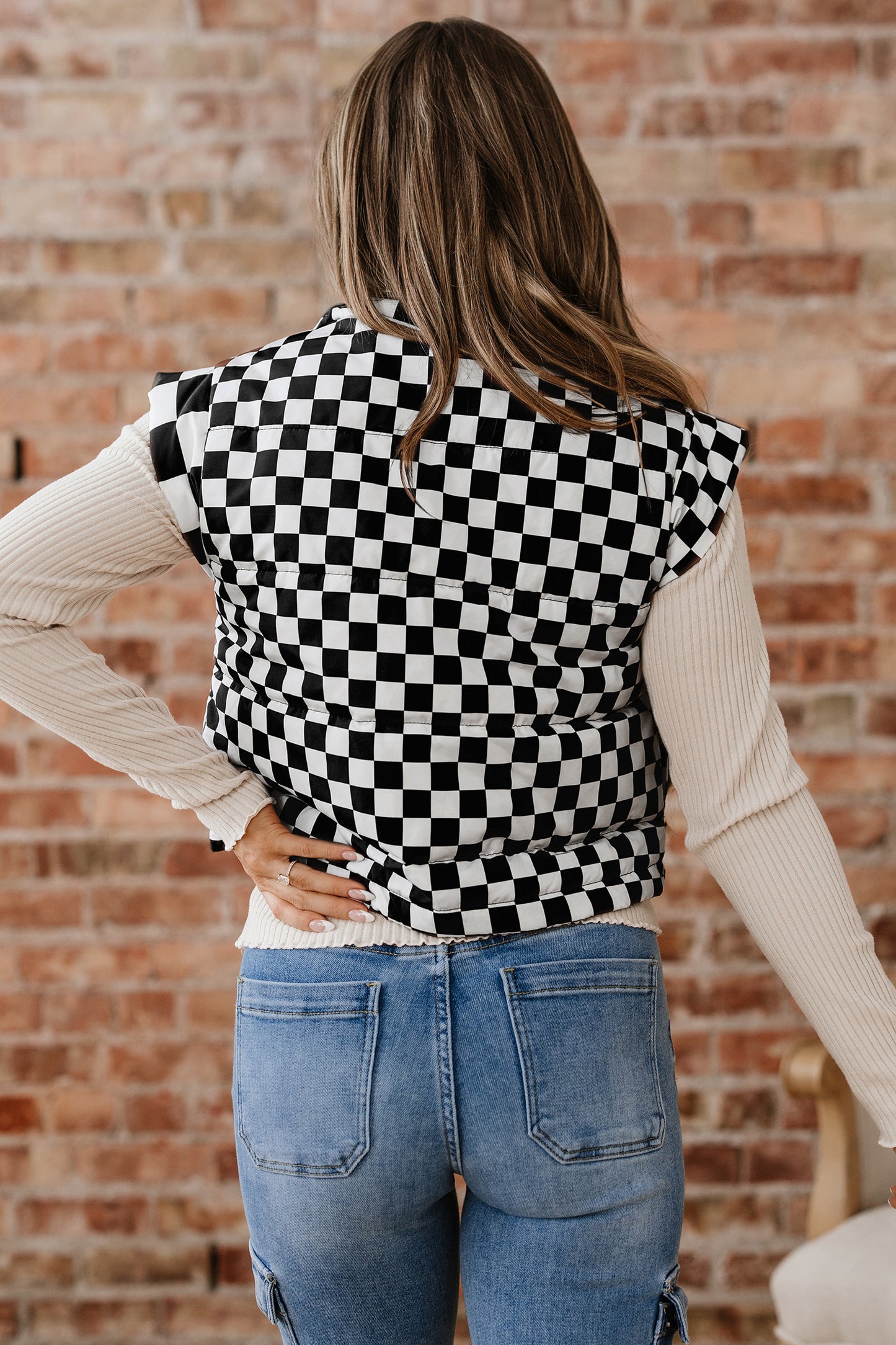 Black Double Checked Stand Collar Cropped Puffer Vest