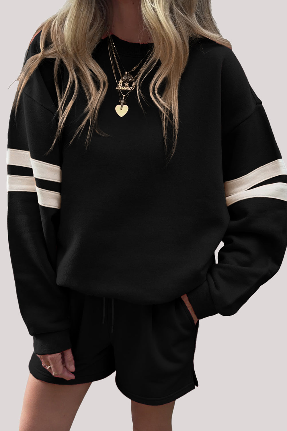 Orange Varsity Striped Sleeve Drop Shoulder Sweatshirt and Short Set