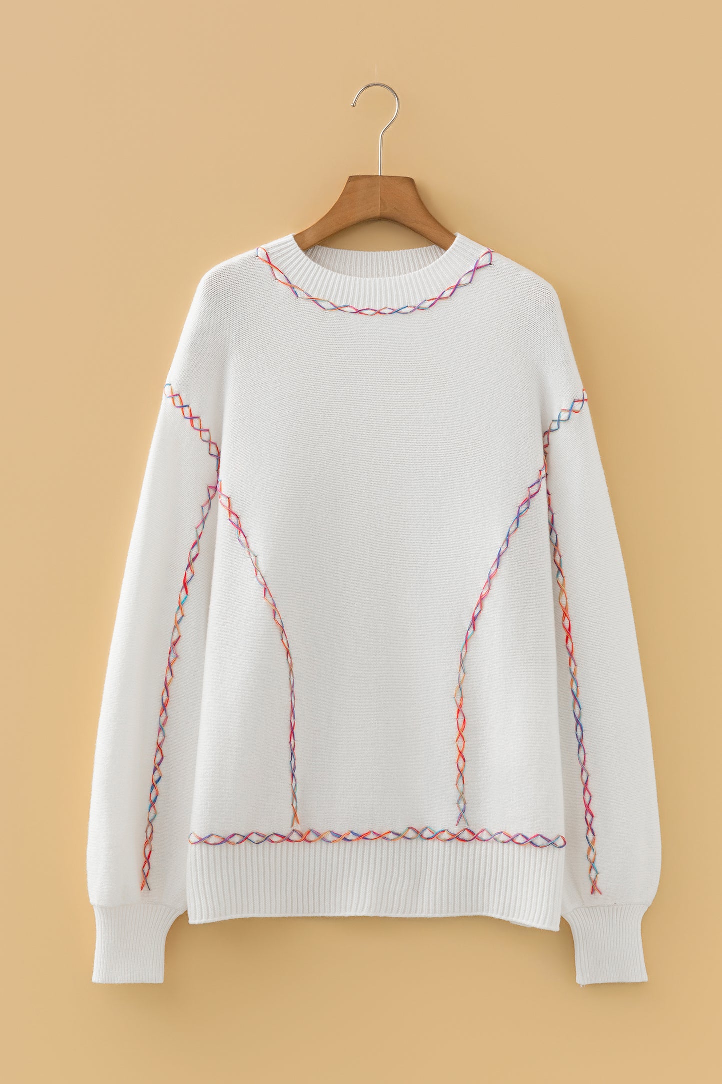 White Rainbow Stitching Balloon Sleeve Relaxed Sweater