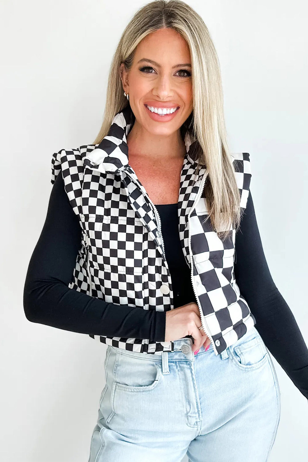 Black Double Checked Stand Collar Cropped Puffer Vest