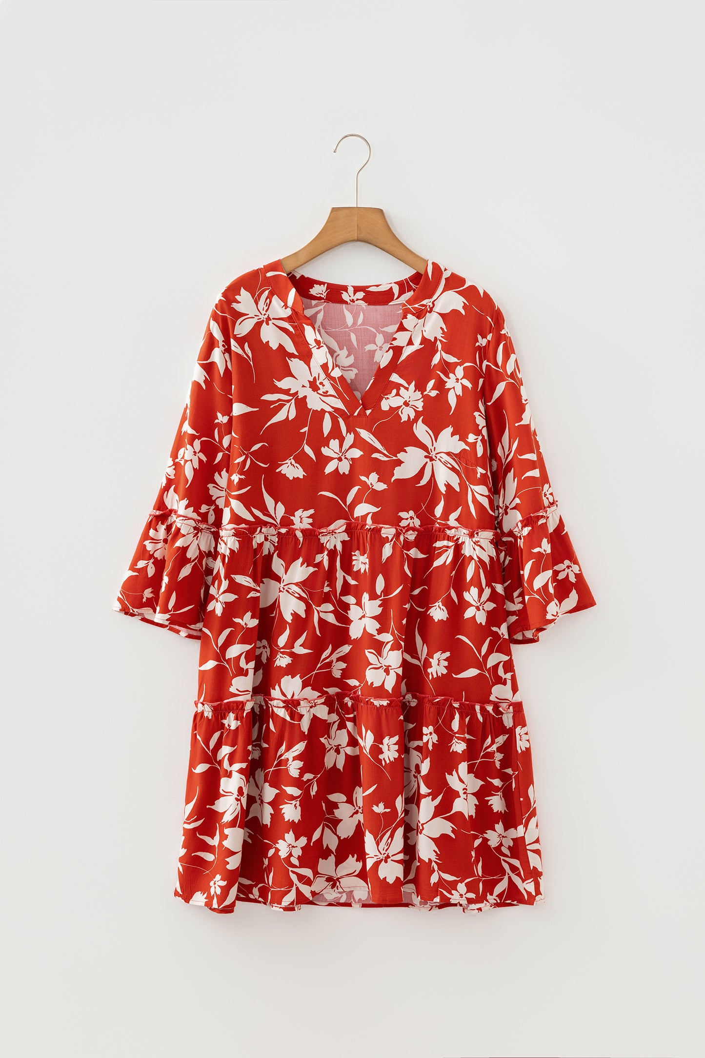 Red Boho Floral Print Lettuce Trim 3/4 Sleeve Mini Dress