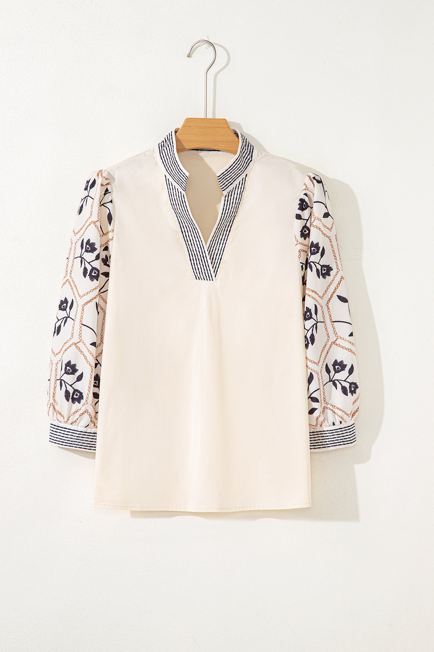 White Floral Puff Sleeve Contrast V Neck Patchwork Blouse