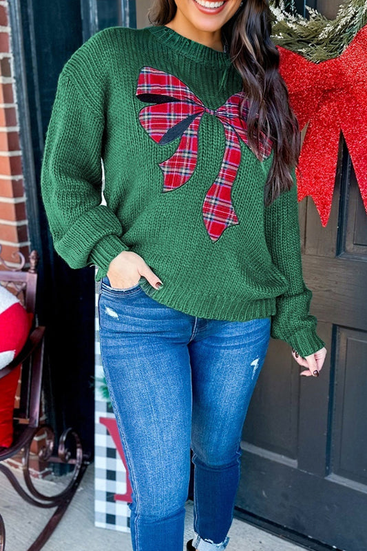 Evergreen Plaid Bow Graphic Christmas Sweater